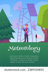 Poster or vertical banner about meteorology flat style, vector illustration. Decorative design with place for text, man meteorologist holding test tube and tablet, outdoor