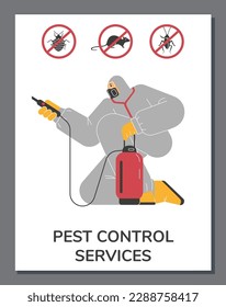 Poster or vertical banner about pest control service flat style, vector illustration isolated on gray background. Worker in special protective suit, no cockroaches, bedbugs and rats signs