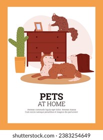 Cartel o pancarta vertical sobre mascotas en el estilo plano doméstico, ilustración vectorial aislada en el fondo naranja. Diseño decorativo con lugar para el texto, gato lindo y gracioso y perro