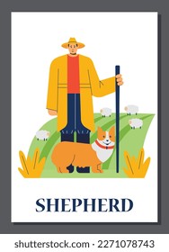 Poster or vertical banner about shepherd assistance dog flat style, vector illustration isolated on gray background. Sheep, smiling man and happy corgi dog, decorative design