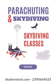 Poster or vertical banner about skydiving classes flat style, vector illustration isolated on white background. Decorative design with text, parachuting, people jumping together