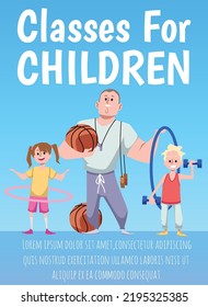 Poster oder senkrechte Banner über Sportklassen für Kinder flach, Vektorgrafik auf blauem Hintergrund. Kinder mit Hula-Hoop und Hantel, Sporttrainer mit Bälle und SkipropSeil