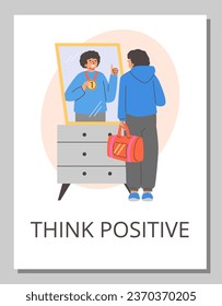 Poster or vertical banner about think positive flat style, vector illustration isolated on gray background. Young man with sport bag looking in mirror, reflection shows thumbs up and gold medal