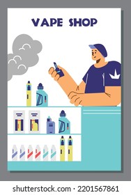 Poster or vertical banner about vape shop flat style, vector illustration isolated on gray background. Young boy vaping, various electronic devices, smoking alternative