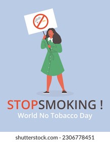 Cartel o cartel vertical sobre el estilo plano del Día Mundial sin Tabaco, ilustración vectorial aislada en fondo azul. Deja de fumar, mujer sostiene una pancarta con un cigarrillo tachado.