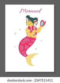 Cartel vertical o afiche con estilo asiático de sirena plana, ilustración vectorial aislada en fondo de raya. Diseño decorativo con texto, criatura mítica linda bajo el agua