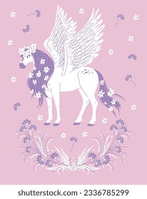 Poster or vertical banner with beautiful winged fantastic horse flat style, vector illustration isolated on pink background. Decorative floral design, horse with purple mane, tail and hooves