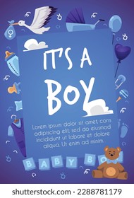 Poster or vertical banner with it's a boy text flat style, vector illustration isolated on blue gradient background. Baby shower party, decorative design, toys and flying stork