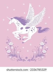 Poster or vertical banner with flying spotted unicorn flat style, vector illustration isolated on pink background. Decorative floral design with fantastic horse, beauty and freedom