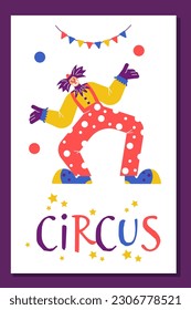 Poster or vertical banner with funny clown circus performer flat style, vector illustration isolated on purple background. Costume, happy character, decorative design, circus show