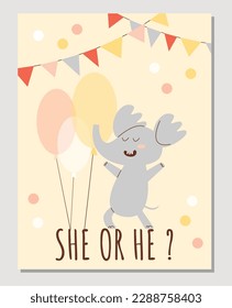 Poster or vertical banner with funny elephant for baby shower party flat style, vector illustration isolated on gray background. She or he text, decorative design