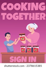 Poster or vertical banner with grandma and child boy cooking jam flat style, vector illustration. Tasty dessert in glass jars, cooking together, decorative design