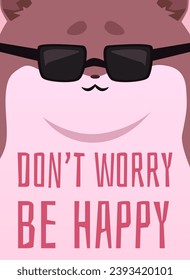 Poster or vertical banner with hamster in black glasses flat style, vector illustration. Decorative design, don't worry be happy text, cute rodent pet, domestic animal