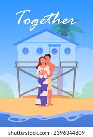 Poster or vertical banner with happy couple on seashore flat style, vector illustration. Decorative design with text, romantic relationships, hugging smiling man people