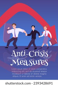 Poster or vertical banner with happy office people going and holding hands flat style, vector illustration. Decorative design with place for text. Anti-crisis measures
