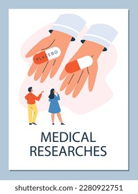 Cartel o pancarta vertical con manos enormes sosteniendo píldoras de estilo plano, ilustración vectorial aislada en fondo azul. Placebo, hombre y mujer eligen pastillas, investigaciones médicas