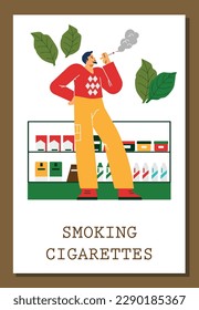 Cartel vertical o afiche con el hombre fumando el estilo plano de cigarrillo, ilustración vectorial aislada en fondo marrón. Ventana de taller, hojas de tabaco verdes, diseño decorativo