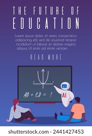 Poster or vertical banner with robot teacher explains geometry to children flat style, vector illustration isolated on gradient background. Decorative design with place for text, AI education