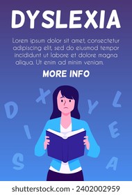 Afiche o cartel vertical con una joven triste sobre el estilo plano dislexia, ilustración vectorial sobre el fondo degradado. Diseño decorativo con lugar para el texto, dificultades de aprendizaje