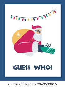 Poster or vertical banner with secret Santa holding bag and gift box flat style, vector illustration isolated on blue background. Decorative design with text, Christmas postcard, holiday celebration