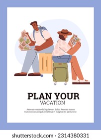 Poster or vertical banner with smiling man and woman sitting on suitcases and watching maps flat style, vector illustration isolated on blue background. Plan your vacation text, decorative design