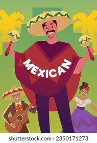 Poster or vertical banner with smiling Mexican man in poncho and sombrero playing maracas flat style, vector illustration. Decorative design, traditional costume, emotional character, music