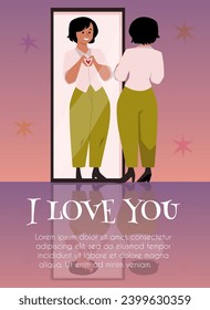Poster or vertical banner with smiling woman shows heart gesture to reflection in mirror flat style, vector illustration. Decorative design with place for text, self love and care, motivation