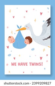 Poster or vertical banner with stork bird carrying newborn babies flat style, vector illustration isolated on blue background. Decorative design, congratulation about twins
