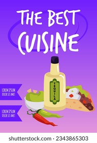 Poster or vertical banner with tequila bottle, nachos, taco and Chile peppers flat style, vector illustration on gradient background. Decorative design with text for cafe or restaurant, Mexican food