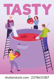 Poster or vertical banner with tiny people cooking jam in huge pot flat style, vector illustration isolated on gradient background. Tasty dessert, decorative design