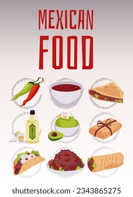 Poster of vertical banner with various Mexican dishes flat style, vector illustration isolated on gradient background. Decorative design for cafe or restaurant, traditional Mexican food and drink