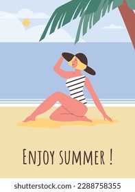 Poster or vertical banner with woman enjoying summer at seaside flat style, vector illustration. Beautiful woman in swimsuit and har sitting on beach under palm