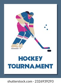 Poster or vertical banner with young woman playing hockey flat style, vector illustration isolated on blue background. Hockey tournament, sport game, decorative design
