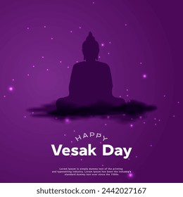 Un afiche del templo del día de Vesak con una imagen de una estatua y flores.