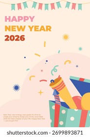 Poster vibrant confetti popper explodes with a shower of colorful streamers and confetti, symbolizing joy and festivity for a New Year celebration.