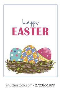Los vibrantes huevos de Pascua con diseños geométricos y de lunares descansan en un nido de ramitas. Esta Ilustración vectorial transmite alegría festiva de vacaciones, ideal para decoraciones y saludos con temática de Pascua.