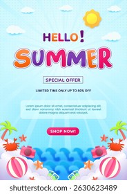 Poster Vibrant promotional design featuring summer elements with text highlighting a special seasonal offer. Includes beach and sea motifs like palm trees, sunshine, and beach toys.