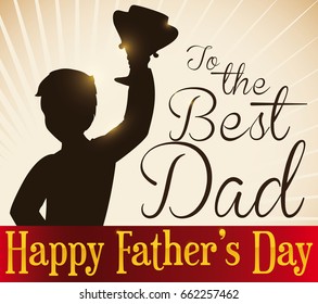 Poster with victorious dad silhouette holding a trophy for Father's Day celebration.