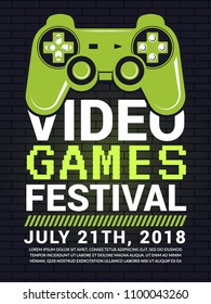 Poster Of Video Game Festival. Cyber Sport Concept With Gamepad Picture. Vector Entertainment Gaming, Tournament Play Illustration