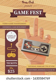 Poster of video game festival. Cyber sport concept with vintage game controller. Vector entertainment gaming, tournament play illustration. EPS 10