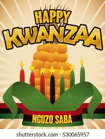 Poster with view of traditional elements to celebrate Kwanzaa and the Seven Principles of African Heritage (or Nguzo Saba): red, black and green flag, candles, lighted and corn.