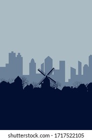 poster of the village with a mill on the background of the city. Vector