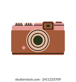 Poster with a vintage film camera. Dark room supplies. Retro photo shooting and printing concept. Art and hobbies. Hand drawn vector illustration isolated on white background.