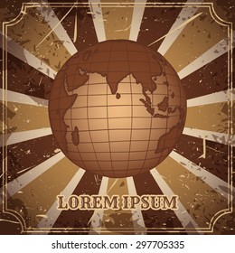 poster with vintage globe. Retro hand drawn vector illustration in sketch style with grunge background old paper