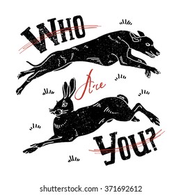 Poster of vintage hipster label with dog and rabbit. Retro old school set for t-shirt print. Vector Illustration
