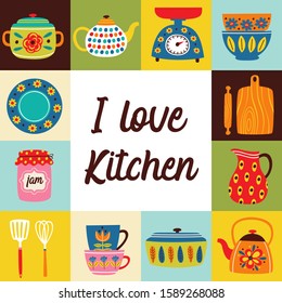 poster with vintage kitchen symbols and icons - vector illustration, eps    
