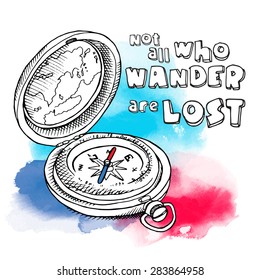Poster of a vintage pirate compass with cap on blue-pink watercolor background. Vector illustration.