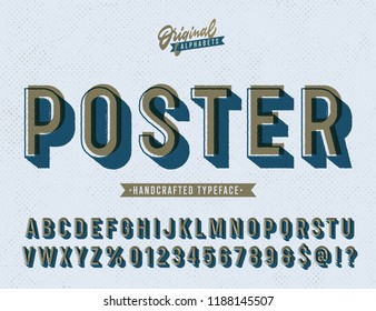 'Poster' Vintage Sans Serif Alphabet with Offset Printing Effect. Retro Textured Typeface. Vector Illustration.