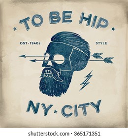 Poster of vintage skull hipster label. Retro old school set. Vector Illustration with typographic for t-shirt prints