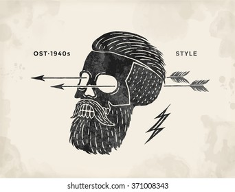 Poster of vintage skull hipster label. Retro old school set for t-shirt print. Vector Illustration